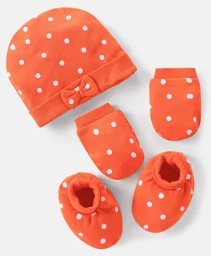 Bonfino  100% Cotton Polka Dot Print With Bow Applique Cap Mittens & Booties Set Orange- Diameter 12 cm