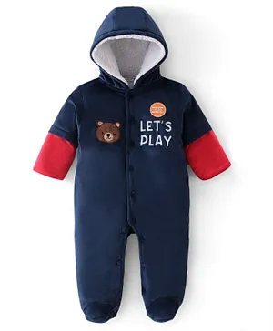 Babyhug 100% Cotton Full Sleeves Winter Wear Romper With Teddy & Text Embroidery - Navy Blue & Red