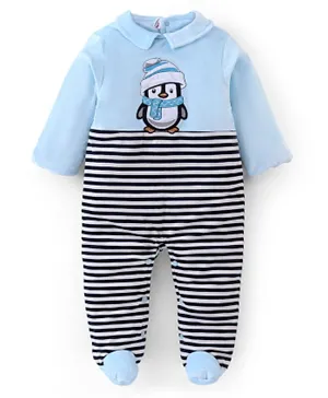 Babyhug 100% Cotton Full Sleeves Winter Wear Romper With Penguin Applique - Blue