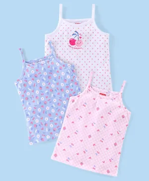 Babyhug 100% Cotton Sleeveless Slips Cherry & Floral Print Pack of 3- Pink Blue & White