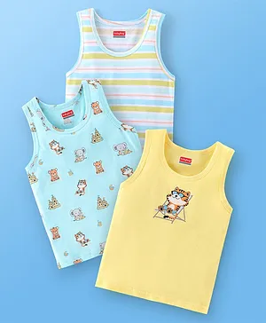 Babyhug 100% Cotton Sando Striped & Tiger Print Pack of 3 - Blue & Yellow