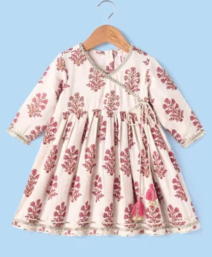 Babyhug 100% Cotton Three Fourth Sleeves Floral Printed Angarakha Ethnic Dress- Off White