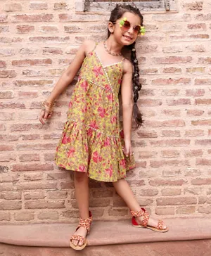Babyhug 100% Cotton Singlet Sleeves Overlap Ethnic Dress With Floral Print - Mustard