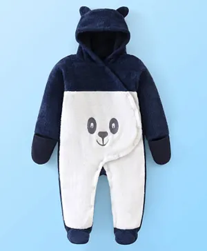 Babyhug Knitted Full Sleeves Winter Wear Hooded Romper with Panda Embroidery - Navy