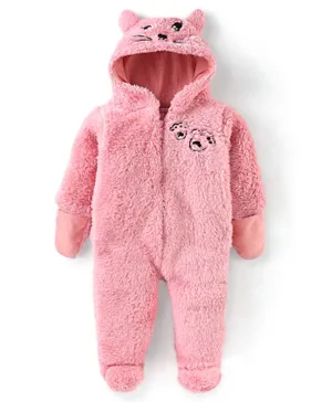 Babyhug Full Sleeves Hooded Winterwear Romper with Kitty Embroidered - Pink