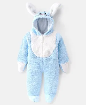 Babyhug Cotton Knit Winter Wear Full Sleeves Hooded Romper with Kitty Design & Bunny Ears - Blue