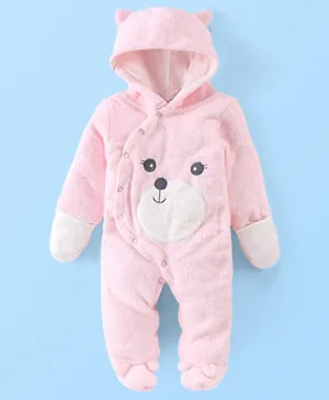 Babyhug Knitted Full Sleeves Hooded Winter Wear Romper with Teddy Applique - Pink
