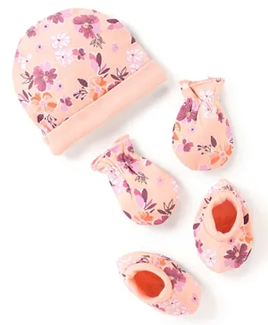 Babyhug 100% Cotton Knit Flower Printed Cap Mittens & Booties Set- Peach