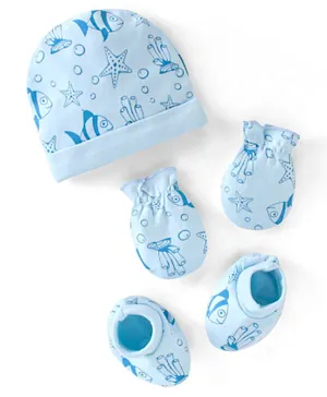 Babyhug 100% Cotton Knit Cap Mittens & Booties Set Fish Print -  Blue