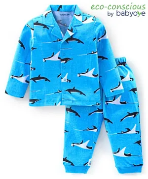 Babyoye 100% Cotton Knit With Antibacterial Finish Full Sleeves Night Suit Marine Life Print - Blue