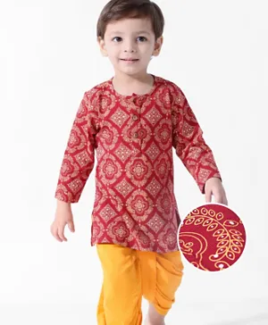 Earthy Touch 100% Cotton Knit Full Sleeves Dhoti Kurta Set Floral Print- Red