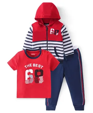 Babyhug 100% Cotton Knit T-Shirt & Lounge Pants Set with Full Sleeves Hoodie Stripes & Text Print - Red & Blue