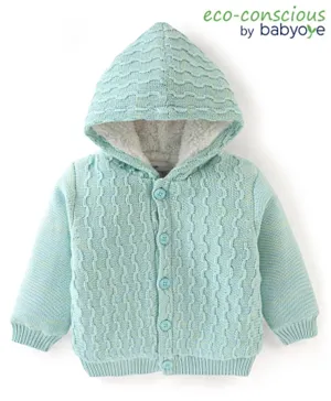 Babyoye 100% Cotton Full Sleeves Hooded Sweater With Cable knit Design - Blue