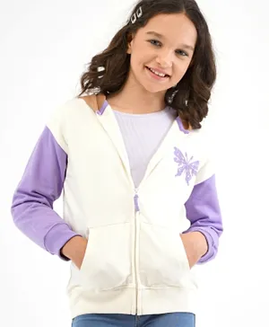 Primo Gino Full Sleeves 100% Cotton French Terry Fabric Color Block Hoodie with HD Butterfly Chest Print - Ivory & Purple