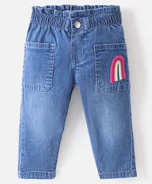Bonfino Cotton Elastane Denim Ankle Length Jeans with Front Rainbow Embroidery - Blue