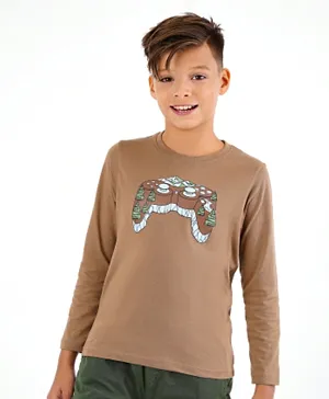 Primo Gino 100% Cotton Full Sleeves T-Shirt Gaming Print- Brown