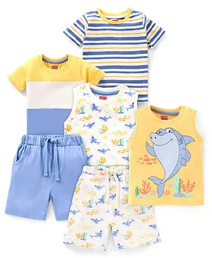 Babyhug 100% Cotton Half Sleeves T-Shirts & Shorts Set Stripes & Dolphin Print Pack of 3- Blue White & Yellow