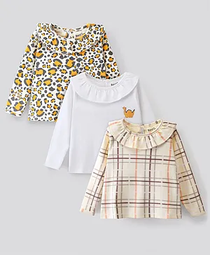 Bonfino 100% Cotton Interlock Full Sleeves T-Shirt Dino Print Pack of 3 - White