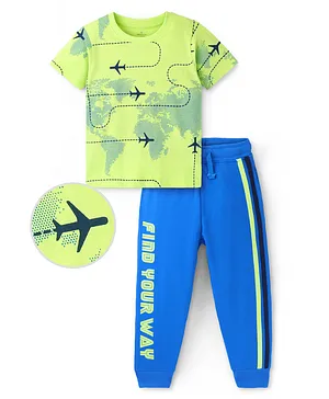 Ollington St. 100% Cotton Half Sleeves T-Shirt With Knit Joggers Placement Print - Lime & Navy