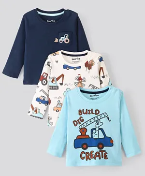 Bonfino 100% Cotton Full Sleeves T-Shirts Construction Vehicles Print Pack of 3 - Multicolor