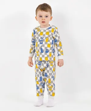 Bonfino 100% Cotton Full Sleeves Checked Night Suit with Cartoon Print - White & Blue