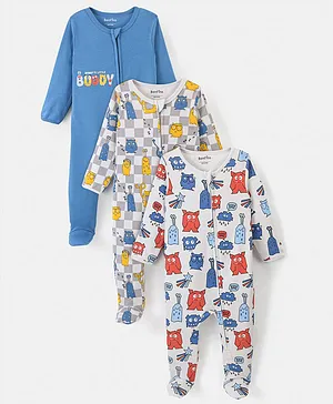 Bonfino 100% Cotton Knit Full Sleeves Sleepuit With Monster Print Pack Of 3 - Blue & Grey