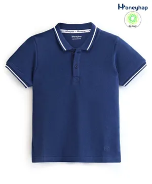 Honeyhap Premium Cotton Solid Double Pique Half Sleeves Polo T-Shirt With Bio Finish- Navy Peony