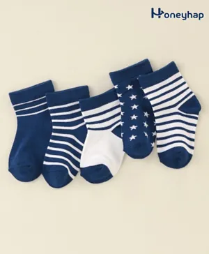 Honeyhap Premium Cotton Bamboo Antibacterial Ankle Length Solid  Socks Pack Of 5 - Navy Blue & White
