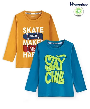 Honeyhap Premium 100% Cotton Single Jersey Full Sleeves T-Shirt with Bio Finish Text Print Pack of 2 - Blue & Yellow