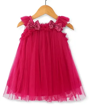 Babyhug Sleeveless Bow with Sequins Detailing Aline Mesh Party Frock - Dark Pink