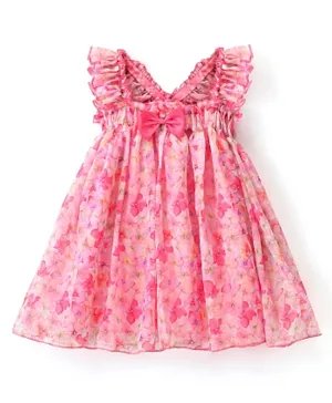 Babyhug Woven Sleeveless A Line Party Frock with Bow Detailing Floral Print - Pink