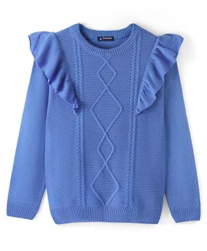 Pine Kids Acrylic Full Sleeves Sweater With Cable Knit Ruffle Solid Colour - Blue