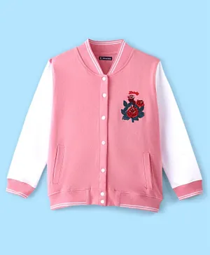 Pine Kids 100% Cotton Knit Full Sleeves Bomber Jacket with Embroidery - Candy Pink