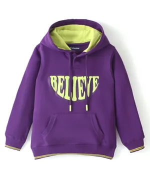Pine Kids 100% Cotton Full Sleeves Bio Washed Believe Printed Hooded Sweatshirt - Purple