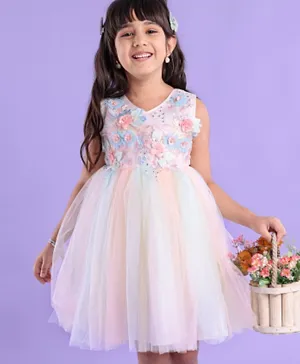 Babyhug Woven Sleeveless Party Frock with 3D Applique on Yoke - Multicolor