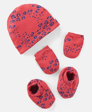 Bonfino 100% Cotton Knit Cap Mittens & Booties Set Leopard Print Red - Diameter 12.5 cm