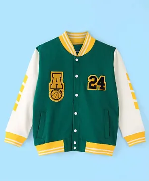 Pine Kids 100% Cotton Knit Full Sleeves Text Applique Bomber Jacket - Green & White