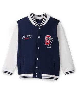 Pine Kids Cotton Full Sleeve Front Open Bio Washed Varsity Sweatshirt Text Embroidered - Navy Blue