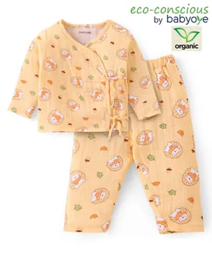 Babyoye 100% Organic Gauze With Eco-Jiva Finish Full Sleeves T-Shirt And Lounge Pants With Porcupine Print - Cream