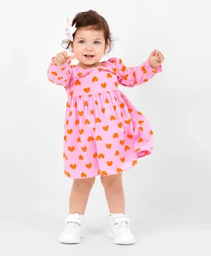 Bonfino Cotton Full Sleeves Heart Print Dress - Pink
