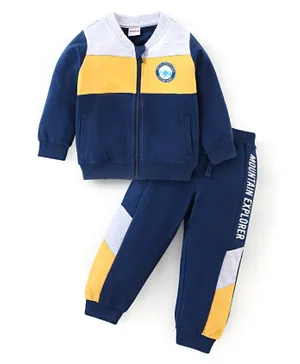 Babyhug Cotton Knit Full Sleeves T-Shirt & Lounge Pant Set Text Print - Blue Yellow & Grey