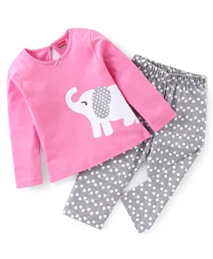 Babyhug Cotton Full Sleeves Night Suit Elephant & Dot Print-Pink & Grey