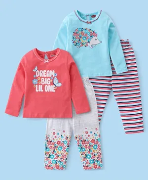 Babyhug Single Jersey Cotton Knit Full Sleeves Night Suit Floral Print Pack of 2 - Pink & Blue
