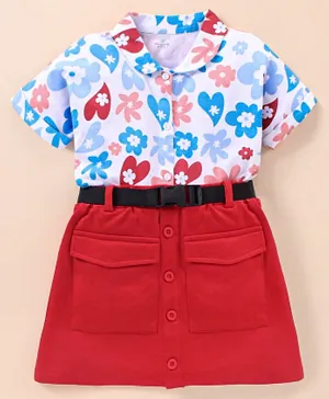 Ollington St. 100% Cotton Knitted Half Sleeves Floral Printed Shirt and Skirt with Belt - White & Red