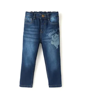 Babyhug Cotton Full Length Denim With Stretch Jeans & Monster Print - Dark Blue
