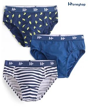Honeyhap Pack of 3 Solid & Printed Premium Cotton Single Jersey Elastane Briefs - Navy Blue White & Lime