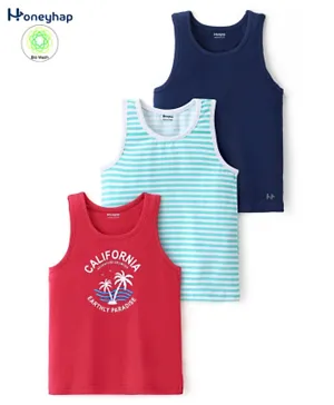 Honeyhap Premium Cotton Elastane Solid Stripes & Text Printed Vests with Silvadur Antimicrobial Finish Pack of 3 - Red Navy & Sky Blue