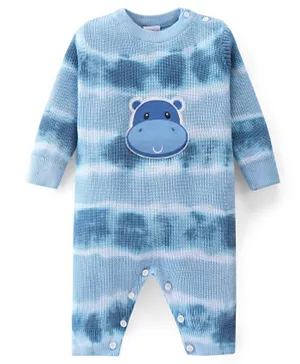 Babyhug Cotton Full Sleeves Romper With Hippo Embroidery - Blue