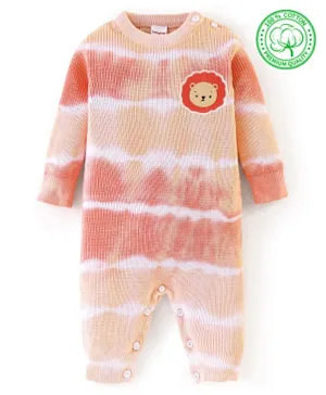 Babyhug Cotton Full Sleeves Romper With Lion Embroidery - Peach