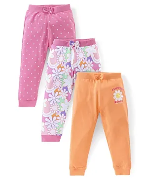 Babyhug Cotton Knit Full Length Lounge Pant Polka Dots & Floral Print Pack of 3 - Pink & Orange